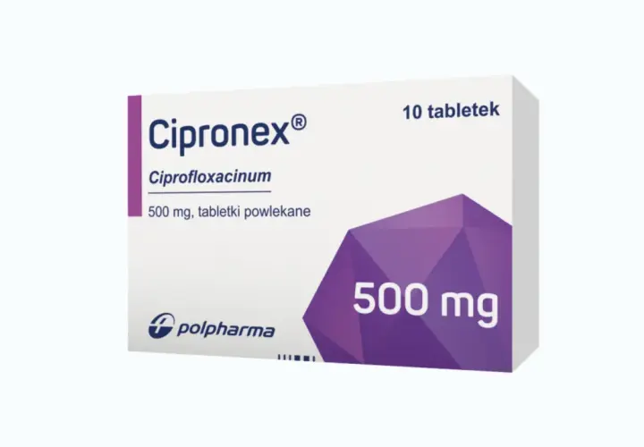 Opakowanie leku Cipronex 500 mg, zawierające 10 tabletek powlekanych.