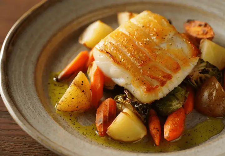 Filete de bacalao dorado con patatas y zanahorias asadas, una deliciosa forma de como hacer bacalao.