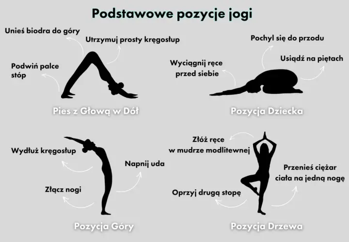 Ilustracja pokazuje podstawowe asany jogi: Pies z Głową w Dół, Pozycja Dziecka, Pozycja Góry i Pozycja Drzewa.
