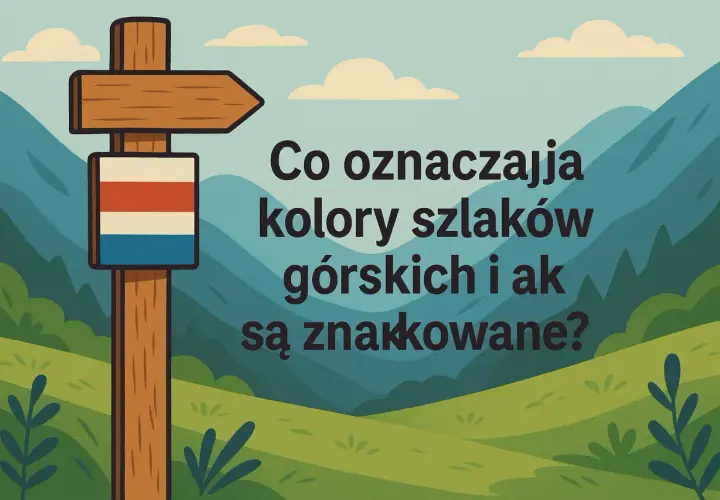 Drewniany drogowskaz górski z tabliczką w kolorach czerwonym, białym i niebieskim na tle gór.