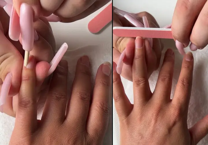 Två bilder visar en hand som får naglar fixade. En nagelbandsspatel används i ena bilden, och en rosa nagelfil i den andra. Perfekt för neonails!