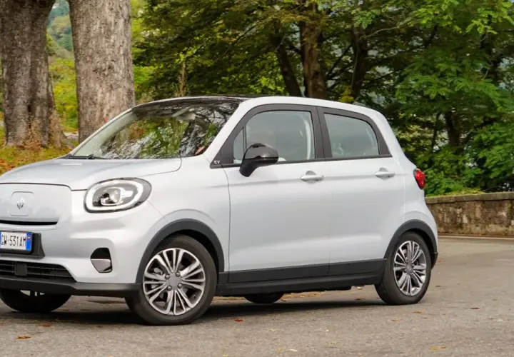 Leapmotor T03 usata, un'auto elettrica compatta e agile, parcheggiata in un contesto naturale con alberi e foglie autunnali.