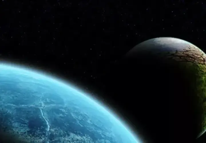 Dwie planety w kosmosie. Jedna błękitna, druga zielona z pęknięciami. Może to 9 planeta?