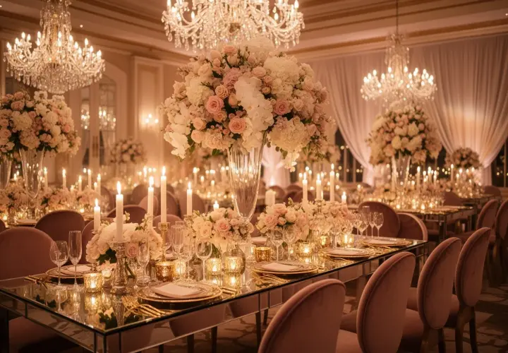 Eleganckie wesele glamour: luksusowe stoły, kryształowe żyrandole i bujne bukiety róż.