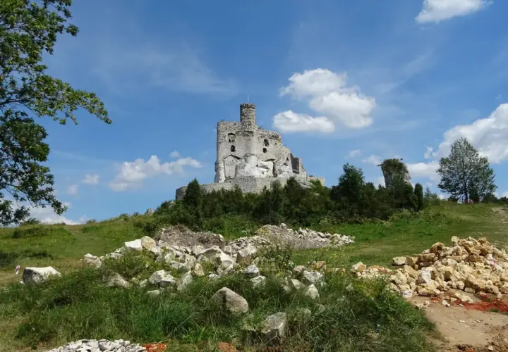 Ruiny zamku Bobolice na wzgórzu, otoczone zielenią i kamieniami.