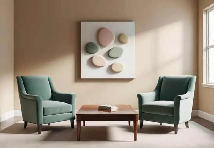 Accogliente studio di psicologia con due poltrone verdi, un tavolino e un quadro astratto. L'arredamento è pensato per creare un ambiente sereno.
