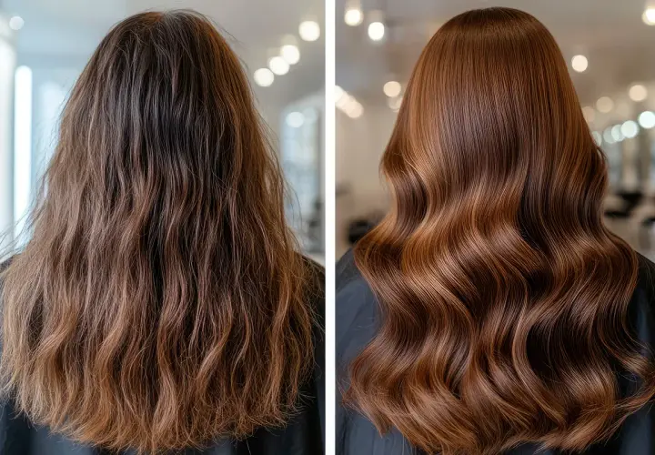 Antes y después de un tratamiento capilar con ácido glicólico, mostrando un cabello seco y dañado transformado en melena brillante y sedosa.