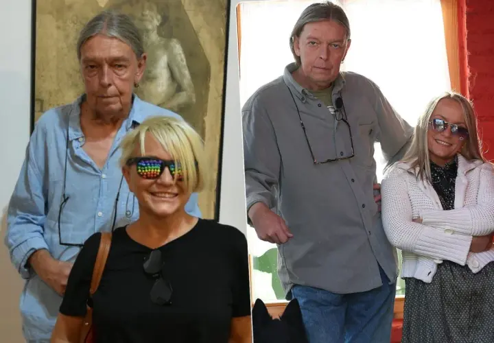Małgorzata Ostrowska z mężem, wesoło pozują do zdjęć. Ona w okularach z tęczowymi kropkami, on w szarej koszuli.