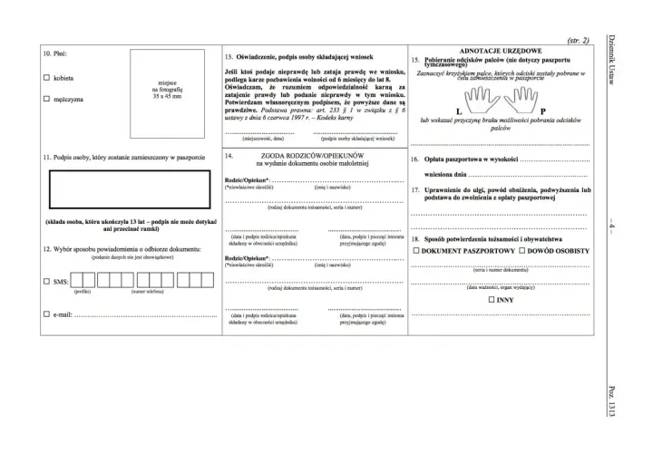 Formularz wniosku o wydanie dokumentu, zawiera sekcje dotyczące danych osobowych, zgody rodziców i opłat.