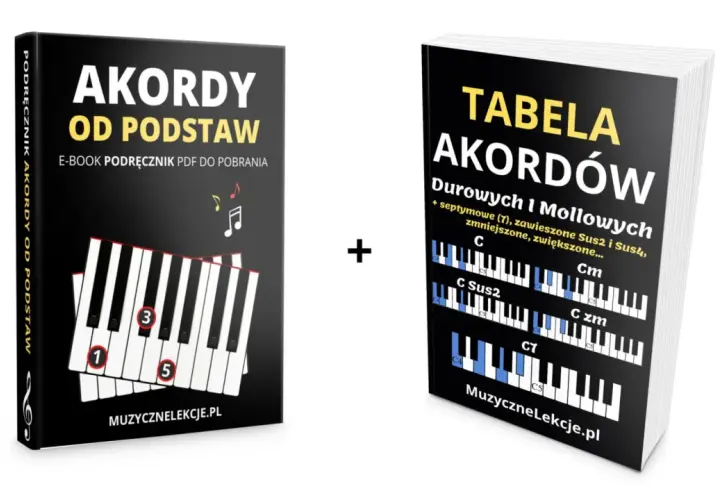 Dwie książki: "Akordy od podstaw" i "Tabela akordów" z przykładami chwytów na pianino.