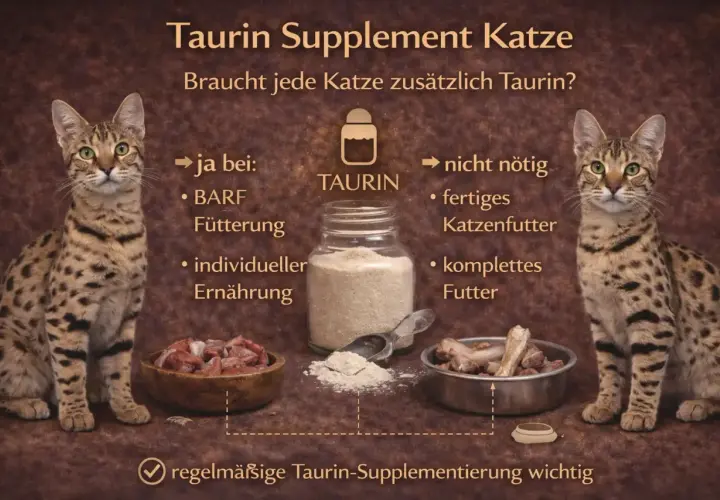 Zwei Katzen flankieren eine Darstellung von Taurin-Pulver. Die Grafik erklärt, wann Taurin für Katzen wichtig ist, z.B. bei BARF-Fütterung.