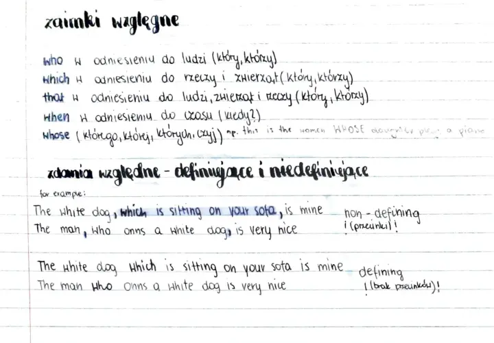 Zaimki względne: who, which, that, when, whose. Zdania względne definiujące i niedefiniujące.