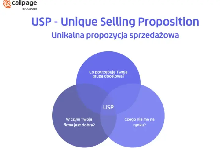 Diagram USP: potrzeby grupy docelowej, mocne strony firmy i unikalność na rynku. To klucz do Twojej value proposition po polsku.
