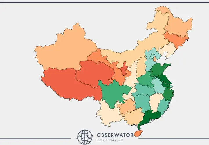 Mapa przedstawiająca chińskie prowincje w różnych odcieniach zieleni i pomarańczy, sugerująca dane statystyczne.