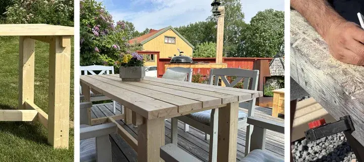 Bygga utebord: en trästomme på gräsmattan, ett färdigt bord med stolar på en altan, och en person som mäter trä för bygget.