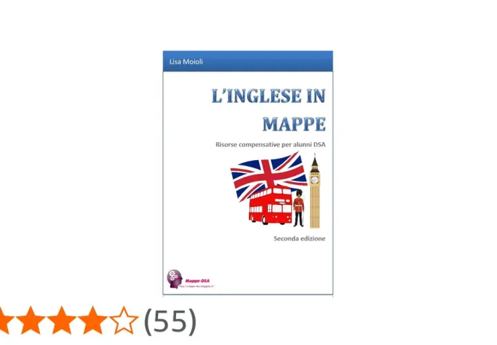 Copertina libro "L'inglese in mappe" per alunni DSA, con autobus rosso, bandiera UK e Big Ben. Risorse utili per chi studia l'inglese.