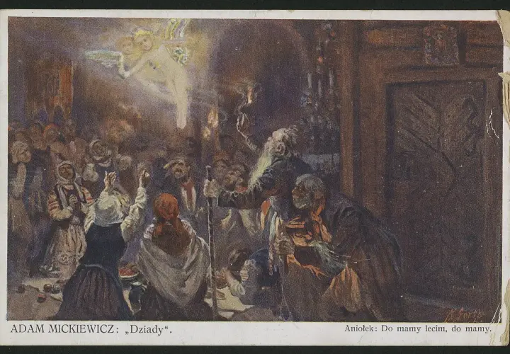 Scena z "Dziadów" cz. III: tłum ludzi wznosi ręce ku aniołkowi, który mówi "Do mamy lecim, do mamy". Motywy tęsknoty i nadziei.