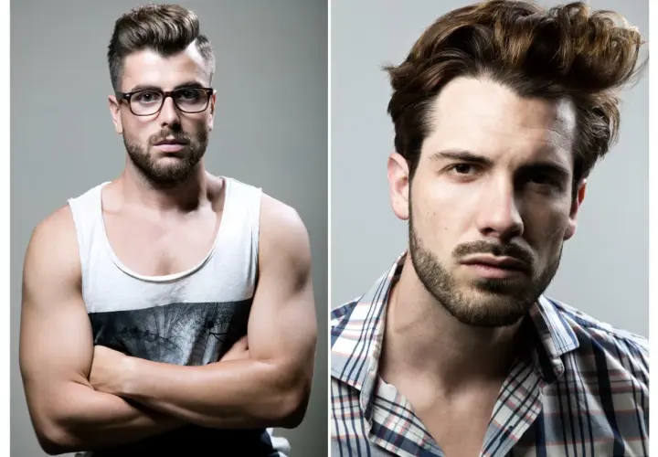 Dos hombres con un peinado tupe pelo. El de la izquierda lleva gafas y camiseta sin mangas. El de la derecha, camisa a cuadros.
