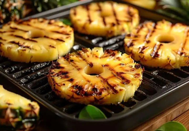 Tranches d'ananas au barbecue, caramélisées et grillées, sur une plaque de cuisson.