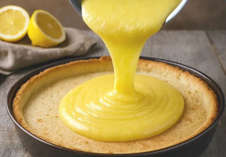 Une crème onctueuse au lemon curd est versée dans une tartelette dorée. Des citrons coupés en deux sont en arrière-plan.