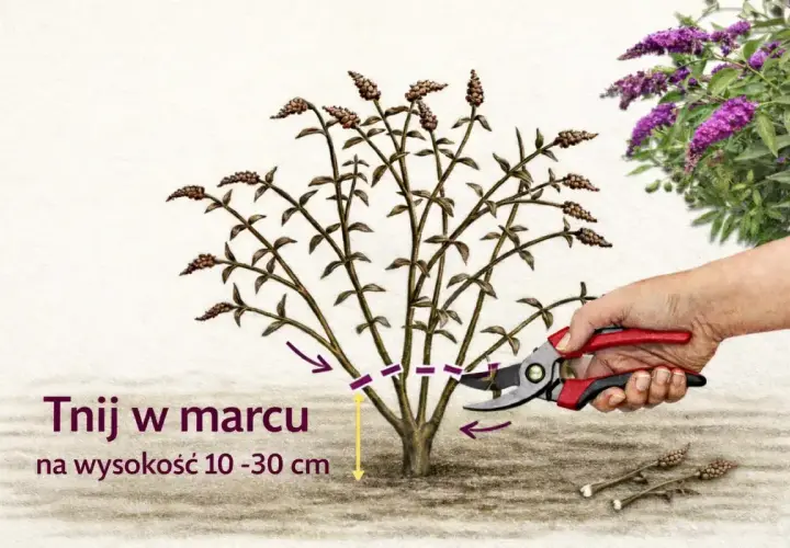 Prawidłowe budleja przycinanie w marcu na wysokość 10-30 cm. Sekatorem tniemy pędy, by roślina pięknie kwitła.
