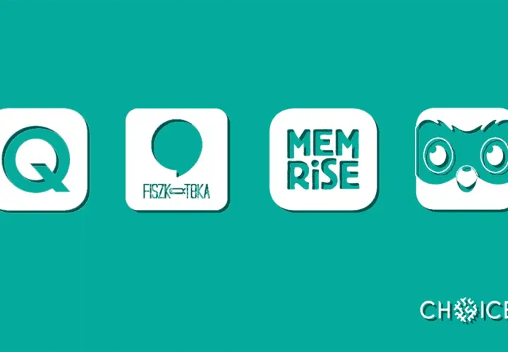 Cztery ikony aplikacji do fiszek: Q, Fiszka-Teka, Memrise, sowa. Wybierz najlepsze aplikacje do nauki!