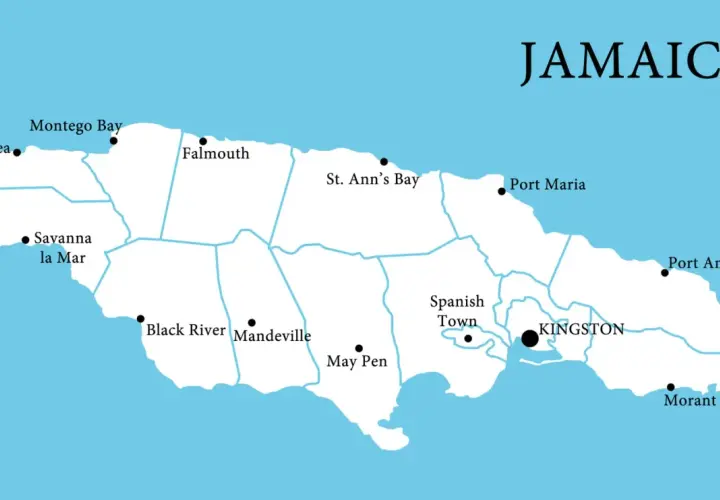 Mapa Jamajki z zaznaczonymi miastami: Kingston, Montego Bay, Falmouth. Poznaj, gdzie leży Jamajka, karaibska wyspa.