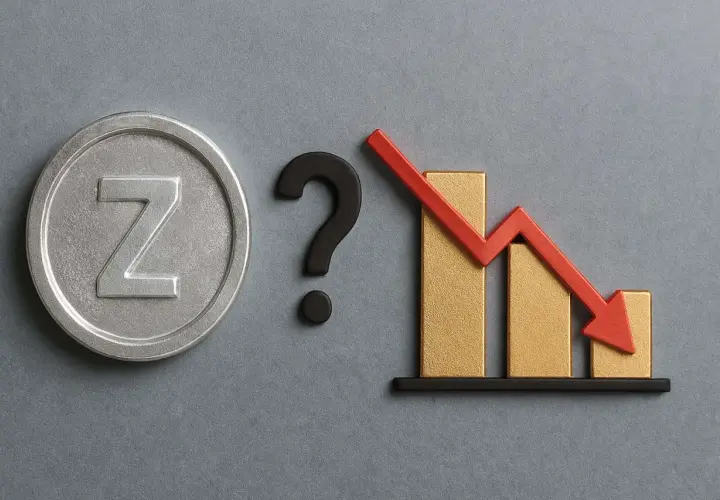 Moneta z literą "Z" obok znaku zapytania i wykresu ze spadkową czerwoną strzałką. Czy inwestycja w srebro przyniesie zysk?