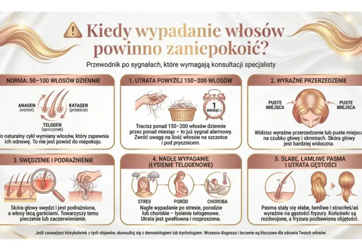 Grafika przedstawia objawy wypadania włosów, w tym miniaturyzację mieszków włosowych, przerzedzenie i łamliwość pasm.