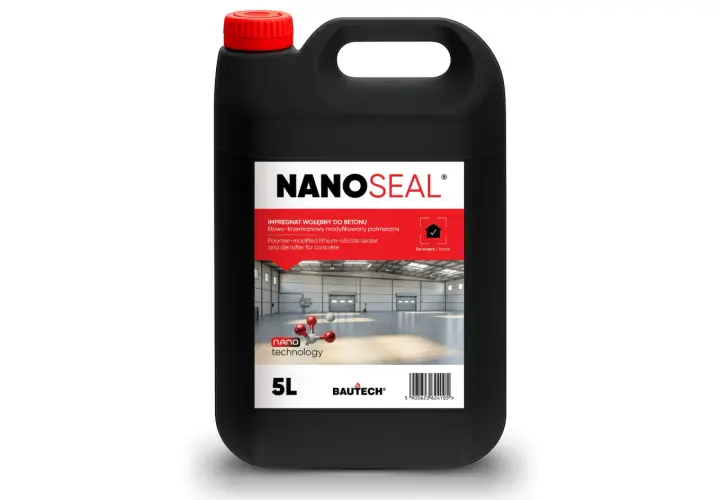 Czarny kanister z preparatem NANOSEAL, impregnatem wgłębnym do betonu. To szkło w płynie do betonu, które chroni powierzchnie.