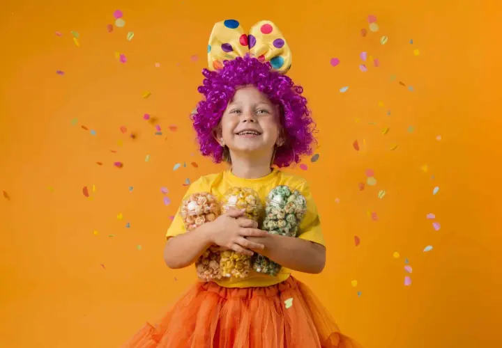 Niña con disfraz casero de payaso, peluca morada, lazo amarillo con lunares y falda naranja, sosteniendo tres vasos de palomitas de colores.