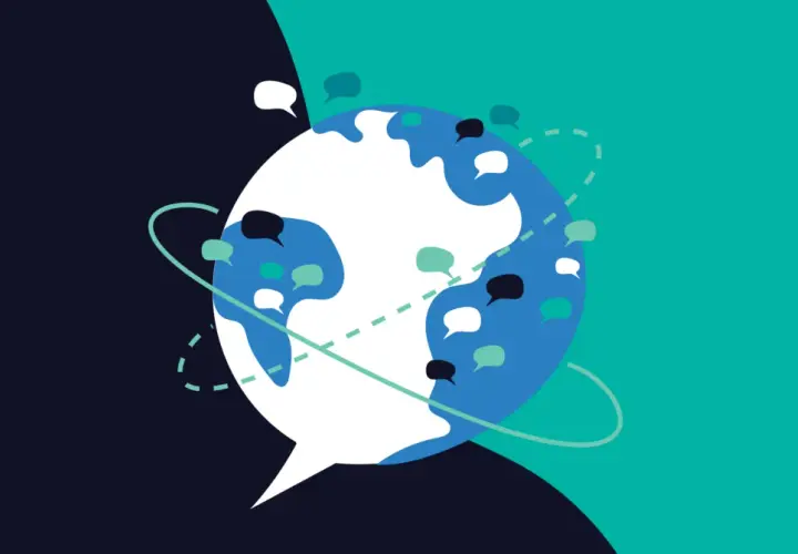 A stylized globe with speech bubbles orbiting it, representing global communication and employee engagement score benchmark.