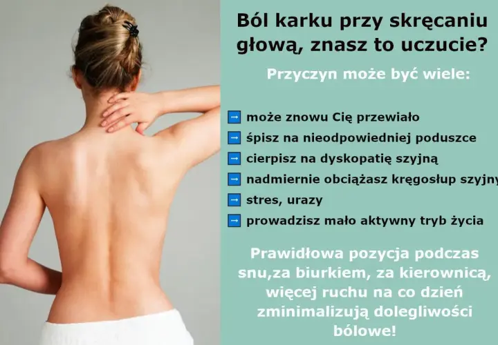 Kobieta masuje kark, odczuwając ból. Tekst informuje o przyczynach bólu karku i sposobach jego łagodzenia.