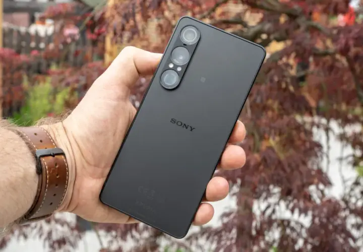 Czarny smartfon marki Sony z potrójnym aparatem, trzymany w dłoni na tle jesiennych liści.