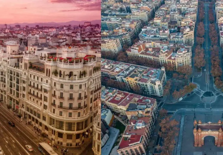 Vista aérea de edificios en Madrid al atardecer y una calle arbolada con el Arco del Triunfo en Barcelona.