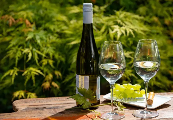 Bouteille de riesling avec deux verres, une grappe de raisin et un tire-bouchon sur une table en bois, dans un jardin verdoyant.