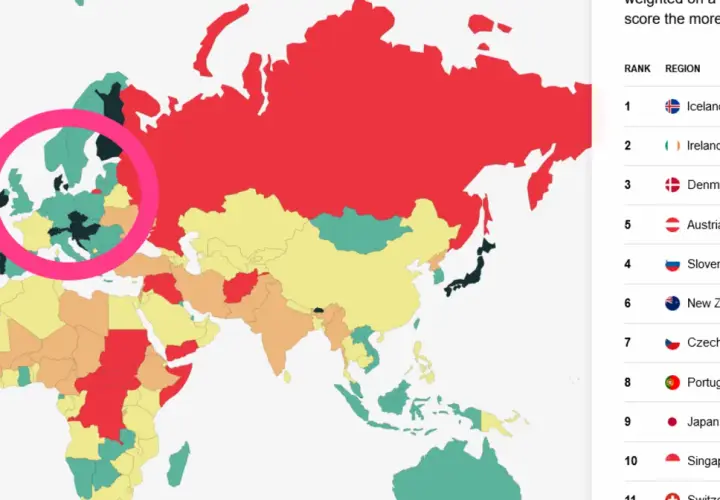 Mapa świata z zaznaczonymi krajami. Islandia jest na pierwszym miejscu jako najbezpieczniejszy kraj na świecie.