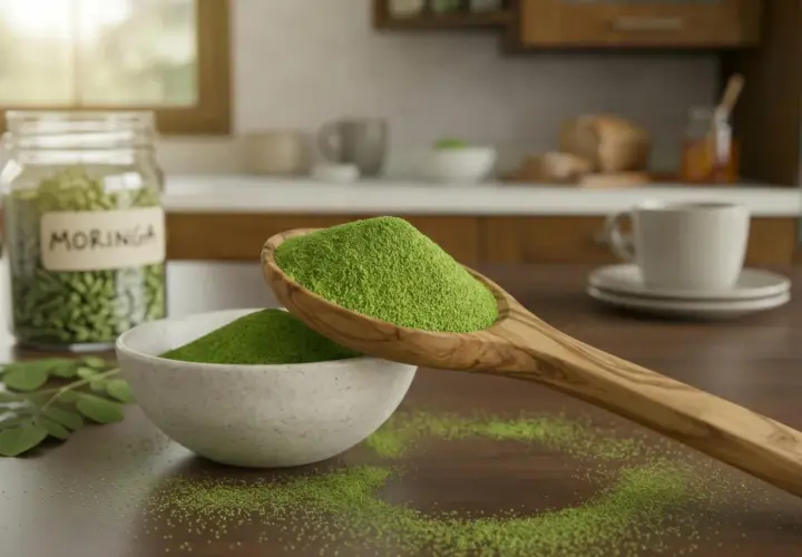 Polvere di moringa su un cucchiaio di legno, con un barattolo e una ciotola pieni. Scopri le incredibili moringa proprietà per il tuo benessere.