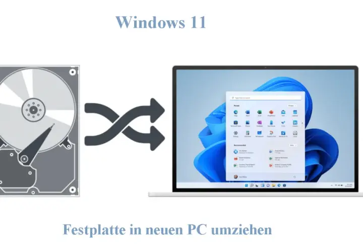 Festplatte mit Windows 11 auf neuen PC umziehen. Illustration einer Festplatte, die mit einem Pfeilsymbol auf einen Laptop mit Windows 11 zeigt.