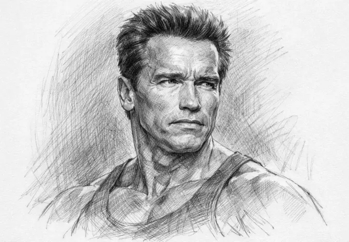 Portret Arnolda Schwarzeneggera w podkoszulku. Zastanawiasz się, ile lat ma Schwarzenegger?