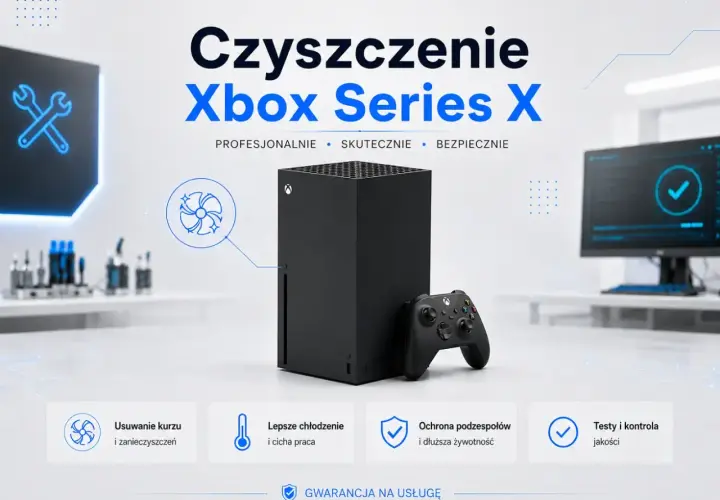 Profesjonalne czyszczenie Xbox Series X: usuwanie kurzu, lepsze chłodzenie, ochrona podzespołów i kontrola jakości. Zapewnij konsoli dłuższą żywotność.