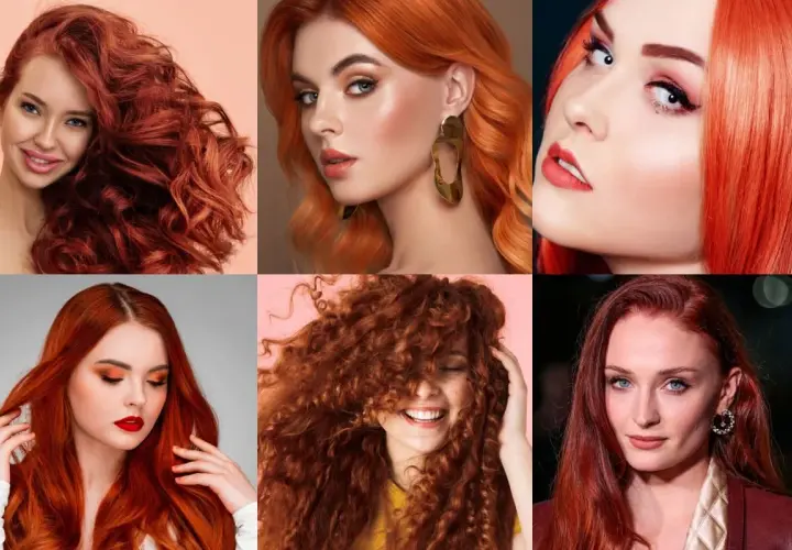 Seis mujeres con cabello rubio cobrizo claro con mechas, en diferentes estilos y texturas.