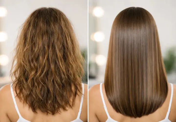 Pelo matizado antes: seco y rebelde. Después: liso, brillante y sedoso. ¡Una transformación increíble!