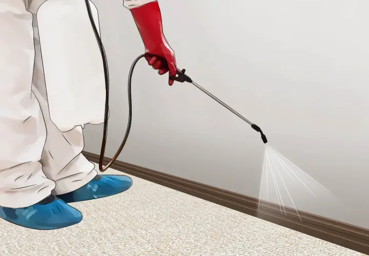 Persona con traje protector y guantes rojos rocía insecticida en la base de una pared para eliminar pulgas en casa.