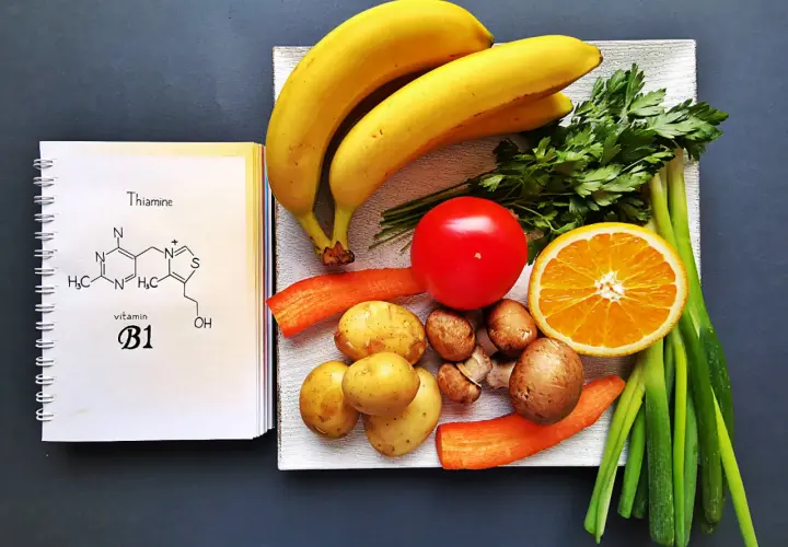 Banane, arance, patate e carote: una selezione di frutta e verdura ricca di vitamina B1, essenziale per il nostro benessere.