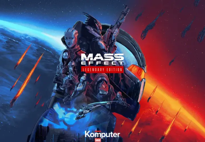 Postacie z Mass Effect 3 na tle planety i statków kosmicznych. Widoczny napis "Mass Effect Legendary Edition".