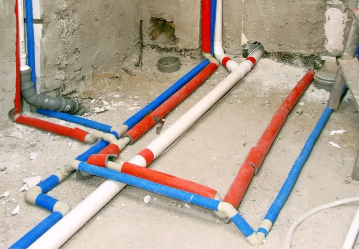 Skomplikowana instalacja wodociągowa z rurami w kolorach czerwonym, niebieskim i białym, przygotowana do ukrycia w ścianie.