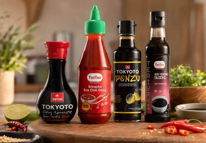 Cztery butelki sosów: sojowy, sriracha, ponzu i teriyaki, gotowe do sushi.