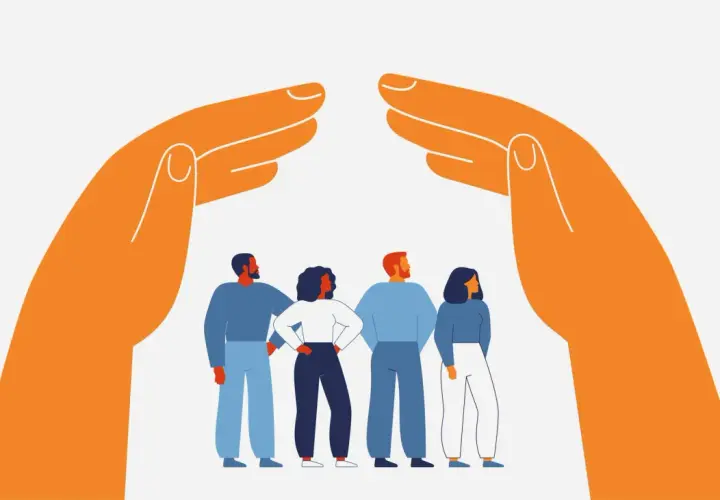 Four diverse individuals stand under the protective embrace of two large orange hands, symbolizing government collaboration and support for its citizens.