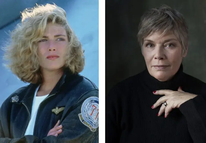 Kelly McGillis w młodości w kurtce lotniczej i jako starsza kobieta w czarnym golfie. Ikona kina.